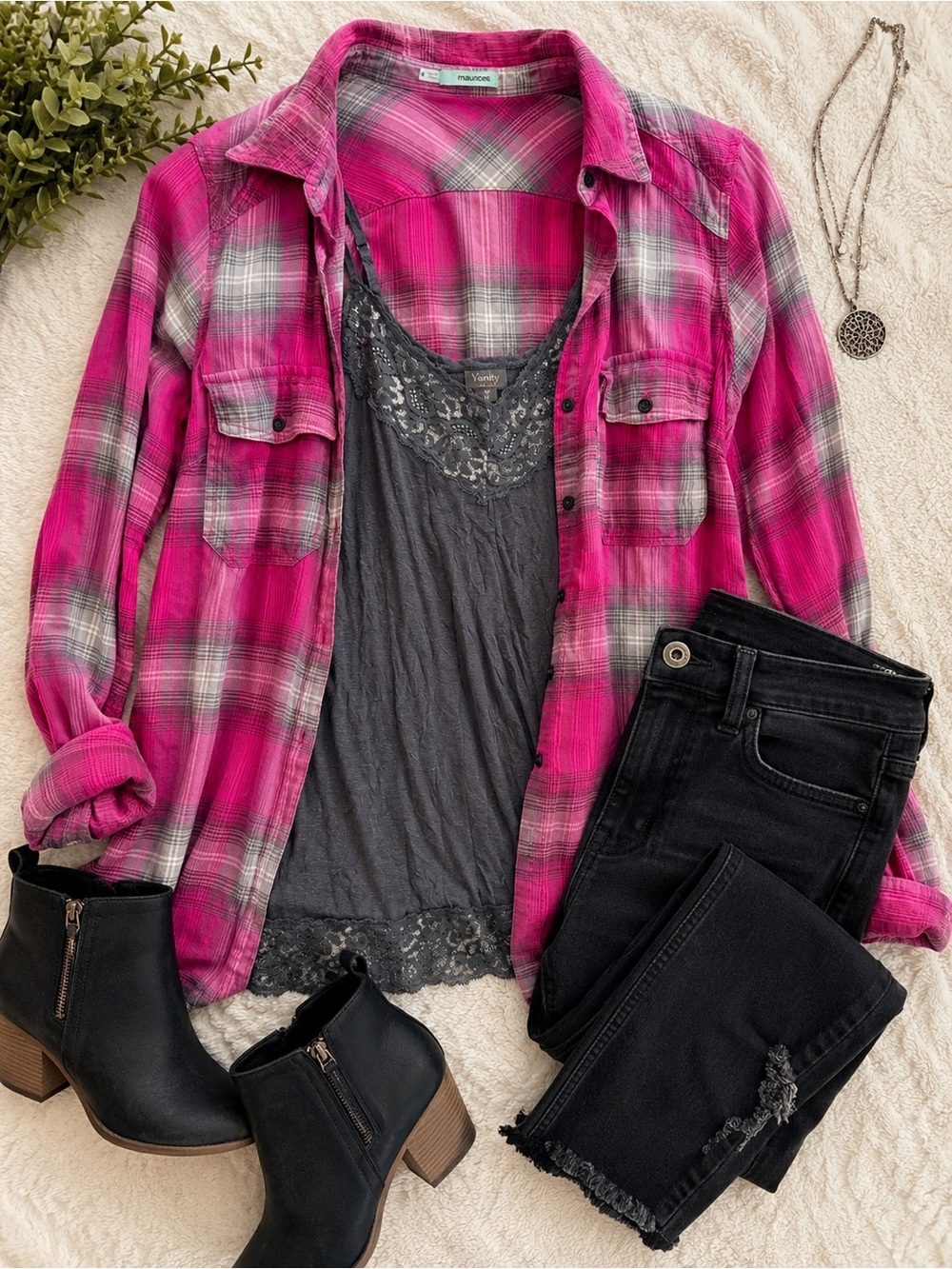 Pink Plaid Flannel Shirt with Lace Trim Tank Set Size Medium